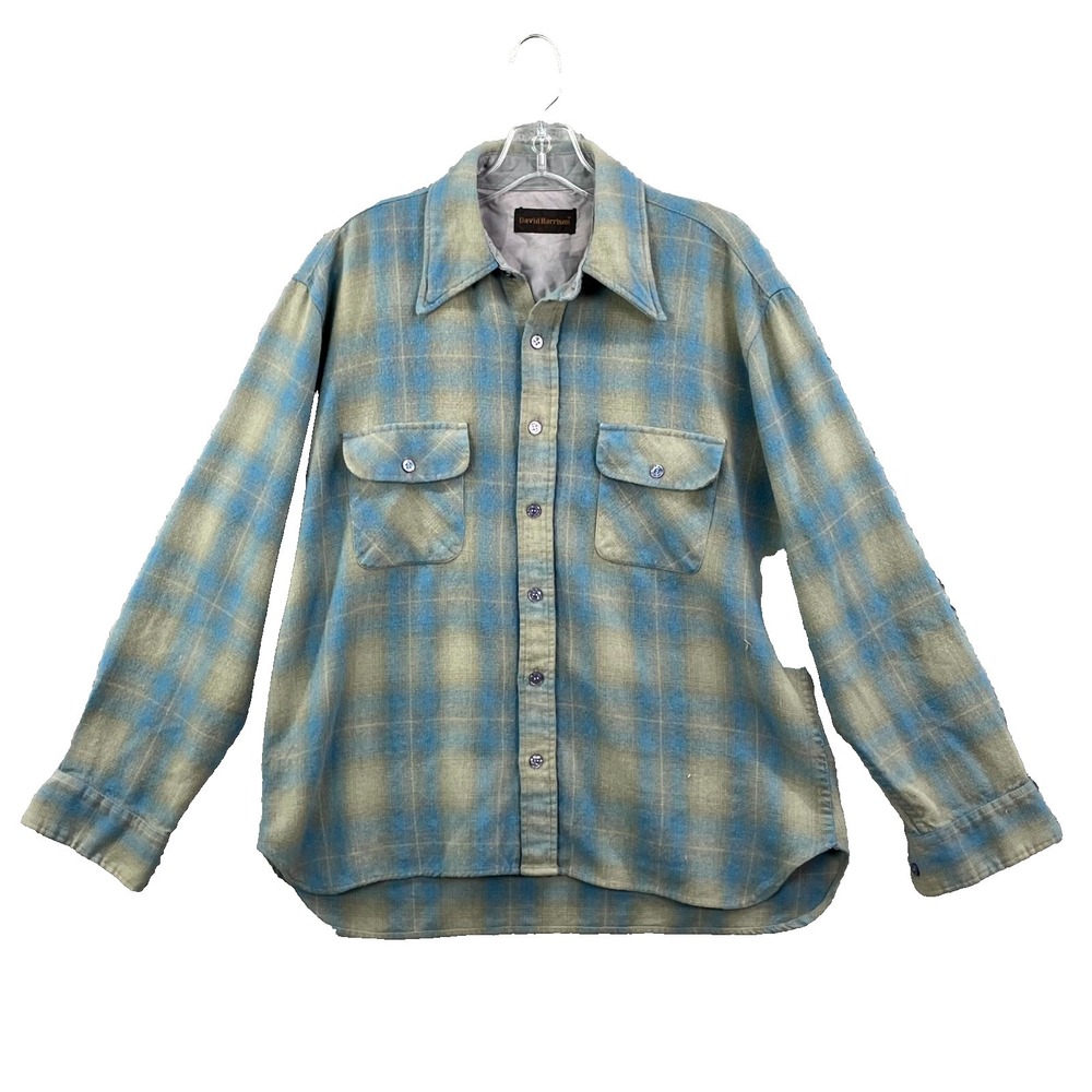 Vintage David Harrison Shirt Men Large Plaid Flannel Wool Blend Button Up Grunge